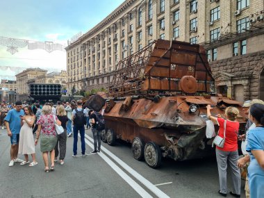Ukraine - Kyiv, August 2022: Exhibition of Russian military equipment destroyed by the armed forces of Ukraine on Independence Day of Ukraine on Independence Square