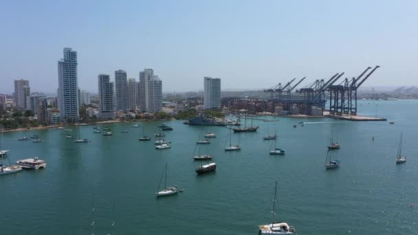 Cartagena Cargo Port Mrakodrapy Přístav Jachty Kolumbie Aerial View — Stock video