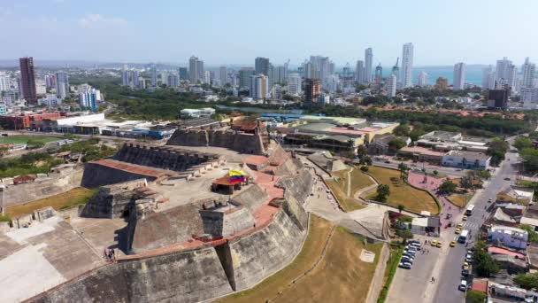 Drapeau National Colombie Sur Château Carthagène Vue Aérienne Panorama — Video