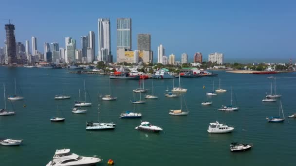 Vista Aérea Panorámica Del Moderno Horizonte Del Barrio Bocagrande Cartagena — Vídeos de Stock