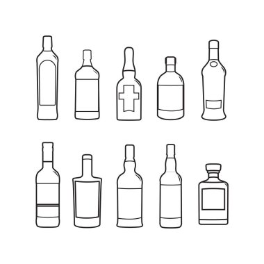 Alkolik içecekler ve içecekler şişe vektör silueti çizim paketi