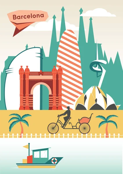 Плакат о туризме в Барселоне и векторной иллюстрации города — стоковый вектор