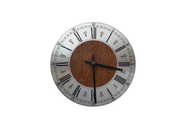 Old isolated roman lettered metallic wooden clock face — Stock Photo, Image