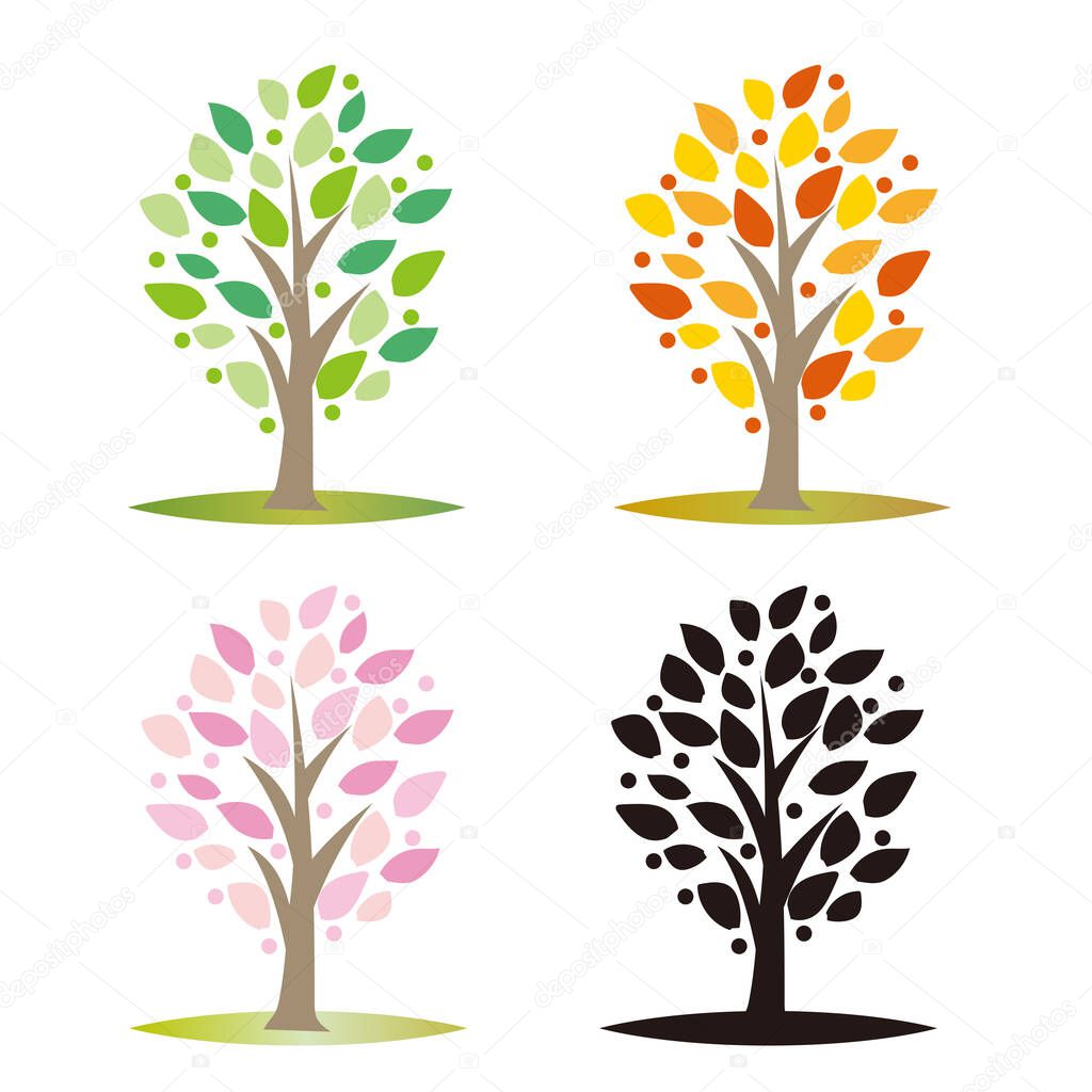 Vector trees 4 color set  - Three Seasons and silhouette