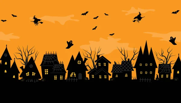 Cadılar Bayramı Kasabası Ürkütücü Evler Kusursuz Sınır Turuncu Arka Planda — Stok Vektör