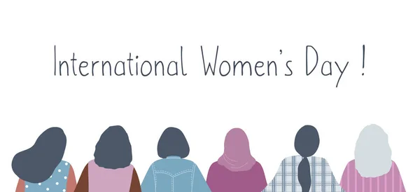 Міжнародний Жіночий День Жіноча Громада Молоді Жінки Стоять Разом Назад — стоковий вектор