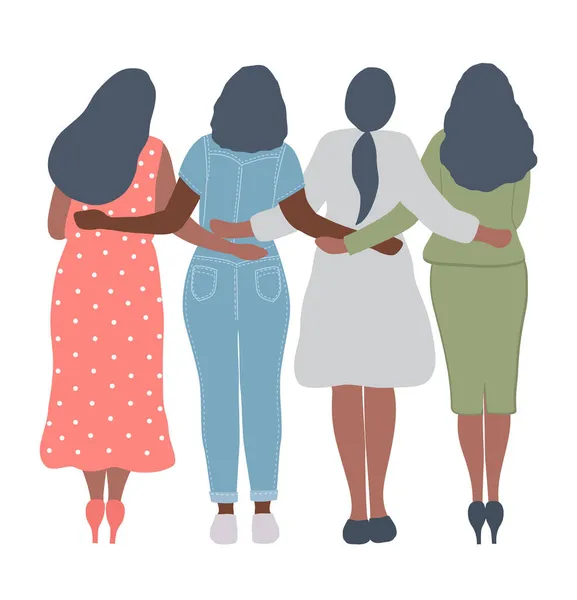 四个女人站在那里拥抱 后视镜国际妇女日的概念 女孩的力量 妇女的社区 女性团结 矢量说明 — 图库矢量图片