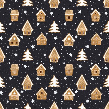 Noel arkaplanı. Kusursuz kış şablonu. Zencefilli kek köyü. Koyu mavi arka planda zencefilli ekmek evleri ve köknar ağaçları var. Tebrik kartı şablonu. Vektör illüstrasyonu