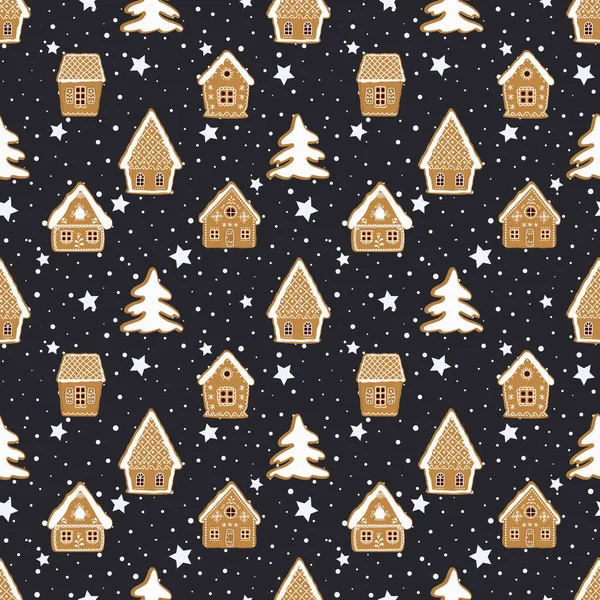 Weihnachtlicher Hintergrund Nahtloses Wintermuster Lebkuchendorf Auf Dunkelblauem Grund Stehen Lebkuchenhäuser — Stockvektor
