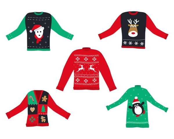 Ugly Christmas Sweaters Set Red Green Christmas Sweaters Deer Bear — Stock Vector