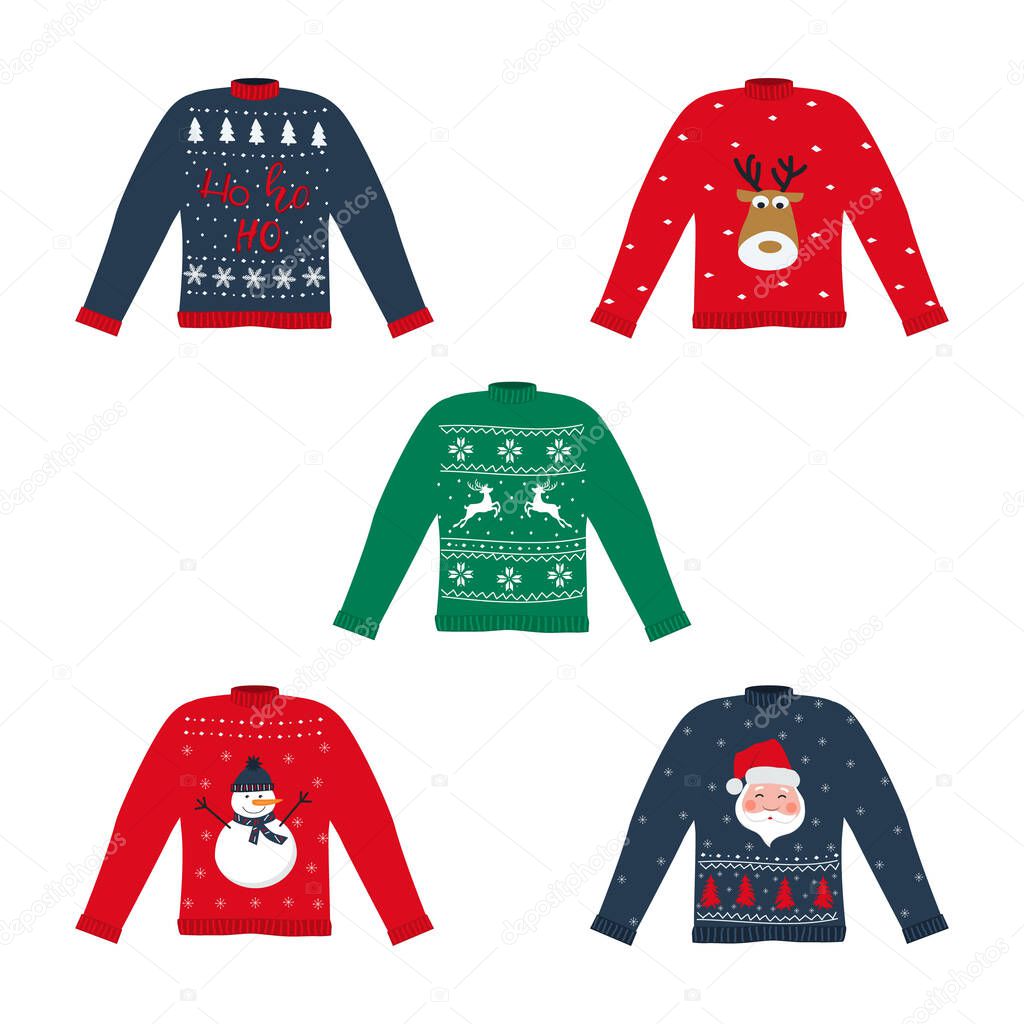 Ugly Christmas Sweaters set. Red, blue and green Christmas sweaters with deers, Santa Claus, snowman. Vector illustration.