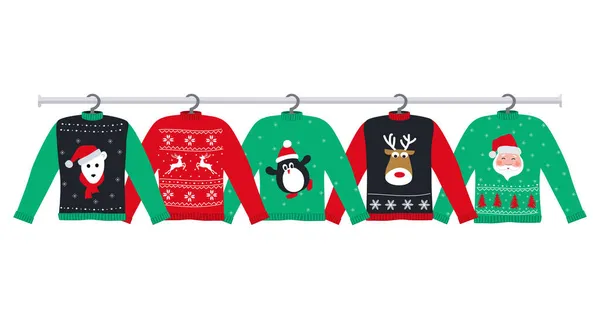ハンガーの上の醜いセーター 写真には ペンギン サンタクロースがいる赤 青のクリスマスセーターがあります ベクターイラスト — ストックベクタ