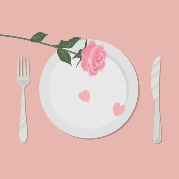 Valentin Napi Fogalom Romantikus Vacsora Rózsa Két Szív Egy Tányéron — Stock Vector