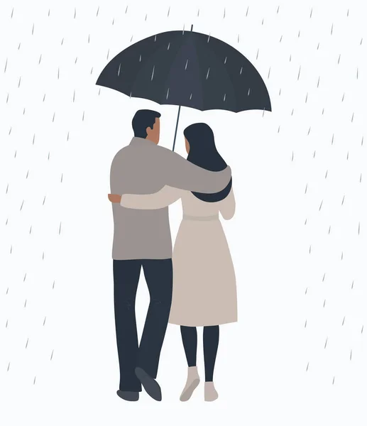 Paar Unter Einem Regenschirm Ein Junger Mann Umarmt Eine Frau — Stockvektor