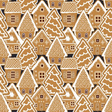 Noel arkaplanı. Kusursuz desen. Zencefilli kek köyü. Koyu mavi arka planda zencefilli ekmek evleri ve köknar ağaçları var. Vektör illüstrasyonu