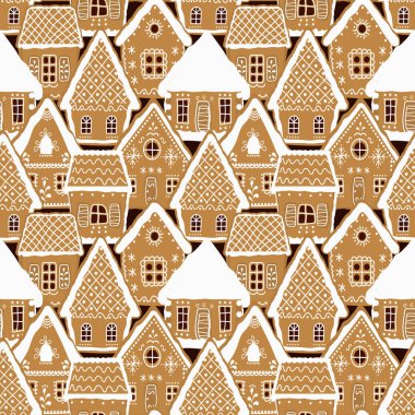 Çikolata zeminli zencefilli evler. Kusursuz desen. Noel arkaplanı. Zencefilli kek köyü. Vektör illüstrasyonu