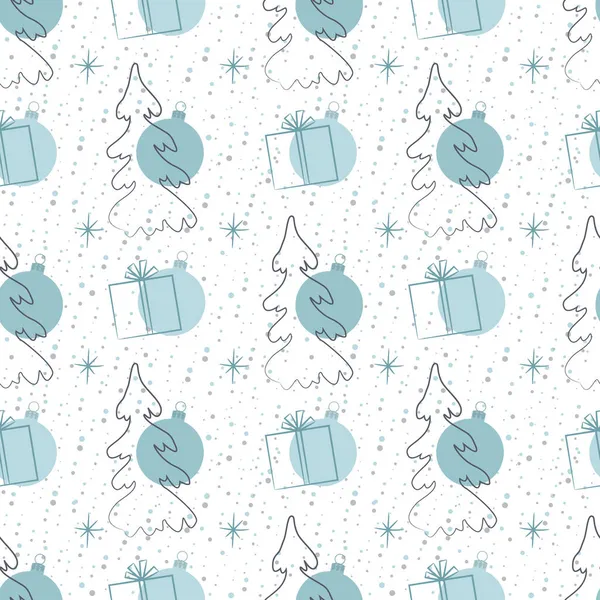 クリスマスの背景 クリスマスツリー ギフト 雪の結晶やクリスマスボールとシームレス抽象的なパターン グリーティングカードのテンプレート 白い背景のベクトルイラスト — ストックベクタ