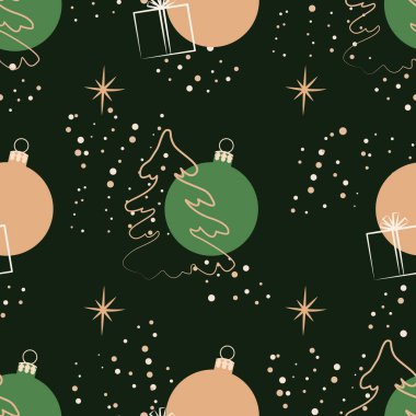 Noel arkaplanı. Noel ağaçları, hediyeler, kar taneleri ve Noel baloları ile kusursuz soyut desenler. Tebrik kartı şablonu. Koyu yeşil arkaplanda vektör illüstrasyonu