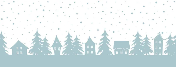Fond Noël Paysage Hivernal Frontière Sans Couture Des Maisons Bleues — Image vectorielle