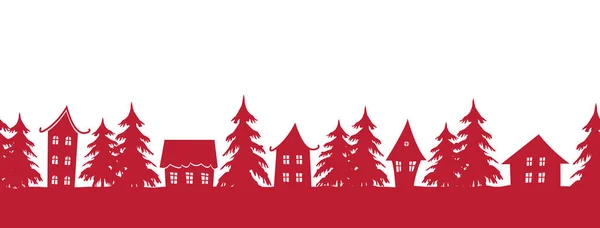 Fundo Natal Paisagem Inverno Fronteira Sem Costura Casas Vermelhas Abetos — Vetor de Stock