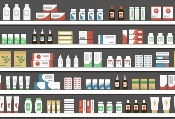 Shelves with medicines. Seamless background. Objects for a pharmacy interior. Vector illustration