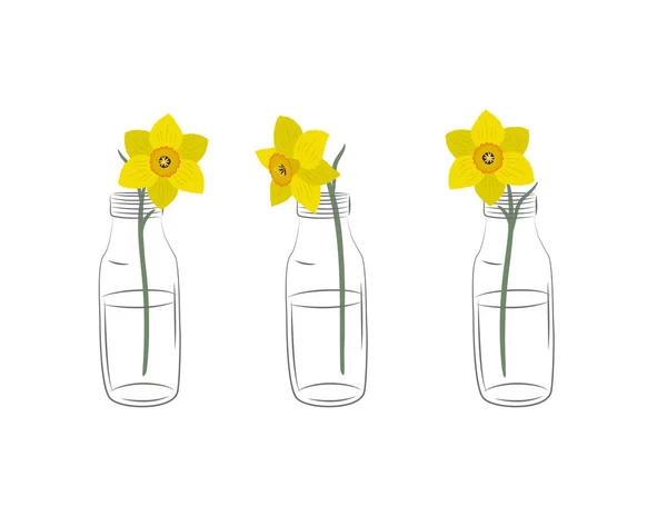 Daffodils Glass Bottles Yellow Flowers Leaves Spring Flowers Floral Composition — Wektor stockowy