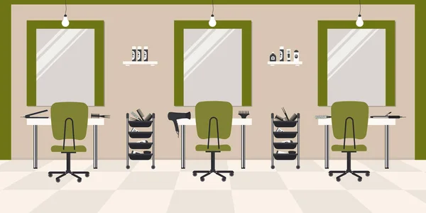 Hair Salon Green Color Beauty Salon Interior Tables Chairs Mirrors — 图库矢量图片