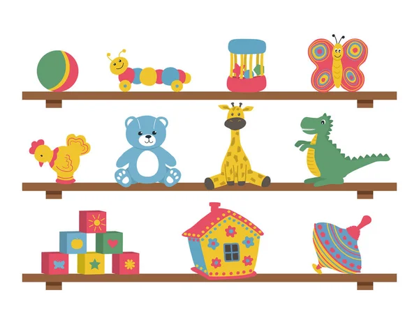 Toys Shelves Cubes Teddy Bear Ball Giraffe Butterfly Dinosaur Chicken — Stock Vector