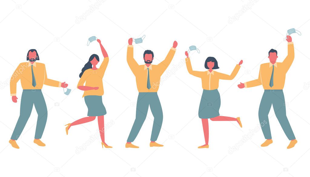 Pandemic end. People are dancing from happiness. Five adults take off their face mask and are excited. Vector illustration
