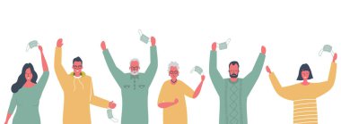 Pandemik koronavirüs sonu. İnsanlar mutluluktan dans ediyor. Altı yetişkin maskesini çıkarıyor ve heyecanlanıyor. Vektör illüstrasyonu