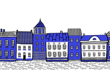 Evlerle sınırsız sınırlar. Eski kasaba geçmişi. Resimdeki mavi ve beyaz evler. Vektör illüstrasyonu