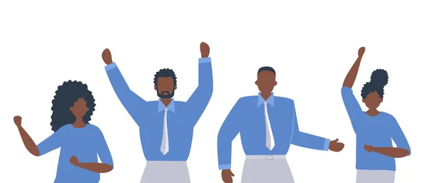 Office Workers Celebrating Victory Happy Employees Dancing Jumping Black Business — Stockvektor