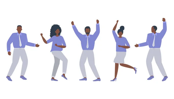 Irodai Dolgozók Ünneplik Győzelmet Boldog Alkalmazottak Táncolnak Ugrálnak Fekete Üzletemberek — Stock Vector