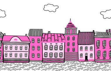 Pink town. Seamless border with houses. Old town background. pink houses in the picture. Vector illustration