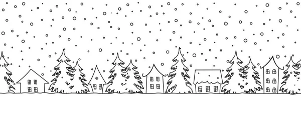 Winter Background Seamless Border Black Houses Silhouettes Fir Trees White — стоковый вектор