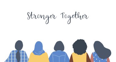 Kadınlar ayakta durup sarılıyorlar. Arkadan bak. Birlikte daha güçlü bir konsept. Kadın topluluğu. Kadın dayanışması. Uluslararası Kadınlar Günü kartı. Vektör illüstrasyonu.