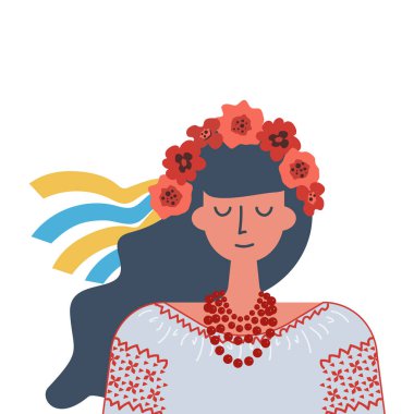 Ulusal giysiler içinde Ukraynalı genç bir kadın. Kız işlemeli gömlek giymişti. Kafasında bir çiçek çelengi var. Vektör illüstrasyonu