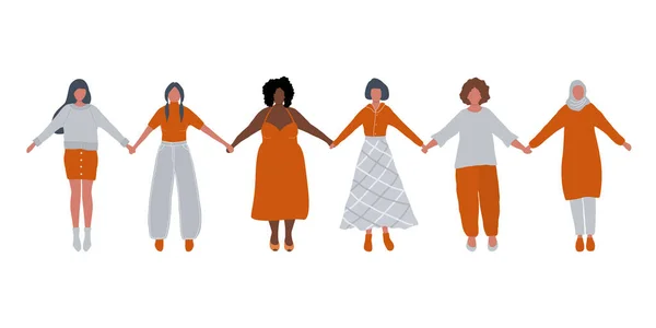 Verschiedene Frauen Halten Händchen Internationaler Frauentag Frauengemeinschaft Weibliche Solidarität Vektorillustration — Stockvektor