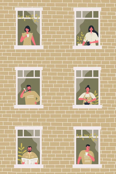 Ludzie Przy Oknie Żółtym Domu Sąsiedzi Zostań Domu Ilustracja Wektora — Wektor stockowy