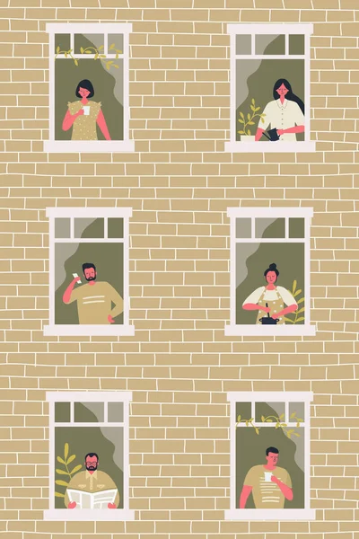 Gente Ventana Casa Amarilla Vecinos Quédate Casa Ilustración Vectorial — Archivo Imágenes Vectoriales