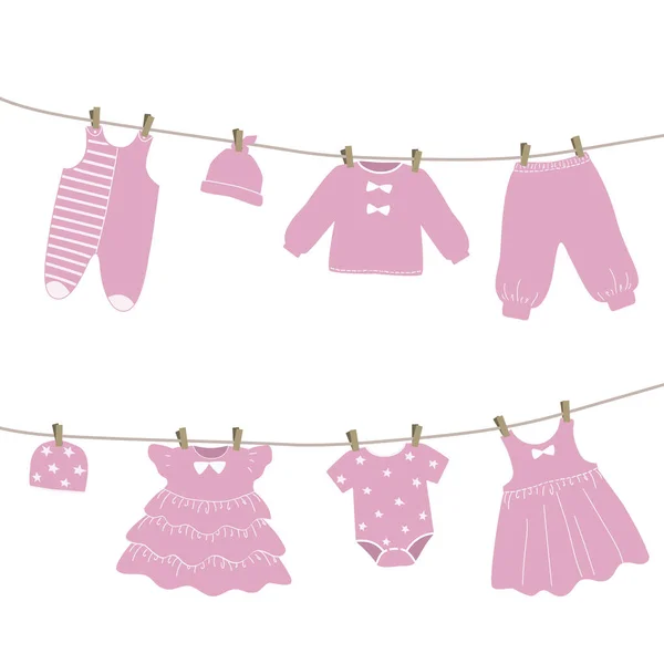 Babykleding Hangt Aan Waslijn Dingen Worden Gedroogd Wasknijpers Het Wassen — Stockvector