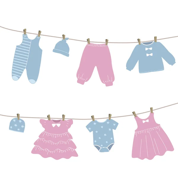 Babykleding Hangt Aan Waslijn Dingen Worden Gedroogd Wasknijpers Het Wassen — Stockvector
