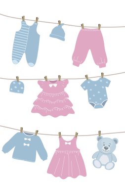 Bebek kıyafetleri çamaşır ipine asılı. Çamaşır mandalları yıkadıktan sonra her şey kurur. Pembe ve mavi renkli vektör illüstrasyonu.