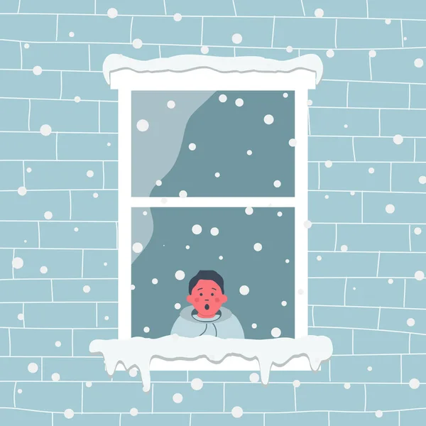 Mały Chłopiec Pokoju Jest Zaskoczony Patrząc Śnieg Okno Ceglanej Ścianie — Wektor stockowy