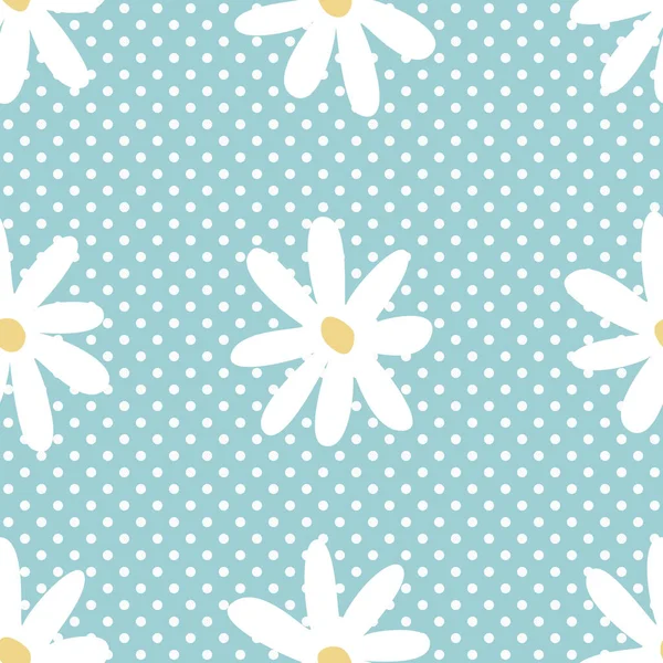 カモミールの花と花の背景 水玉の背景に白い花を持つシームレスなパターン ベクターイラスト — ストックベクタ