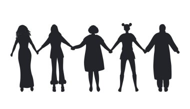 El ele tutuşan kadınlar. Siyah kadın siluetleri. Uluslararası Kadınlar Günü konsepti. Kadın topluluğu. Kadın dayanışması. Farklı kadın siluetleri. Vektör illüstrasyonu.