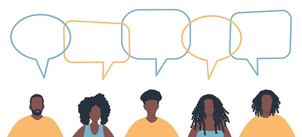 Community of black people. Communication of men and women. People icons with speech bubbles. Vector illustration.