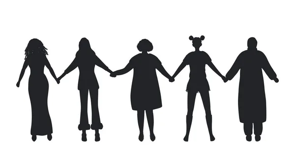 Frauen Halten Händchen Schwarze Silhouetten Von Frauen Internationaler Frauentag Frauengemeinschaft — Stockvektor
