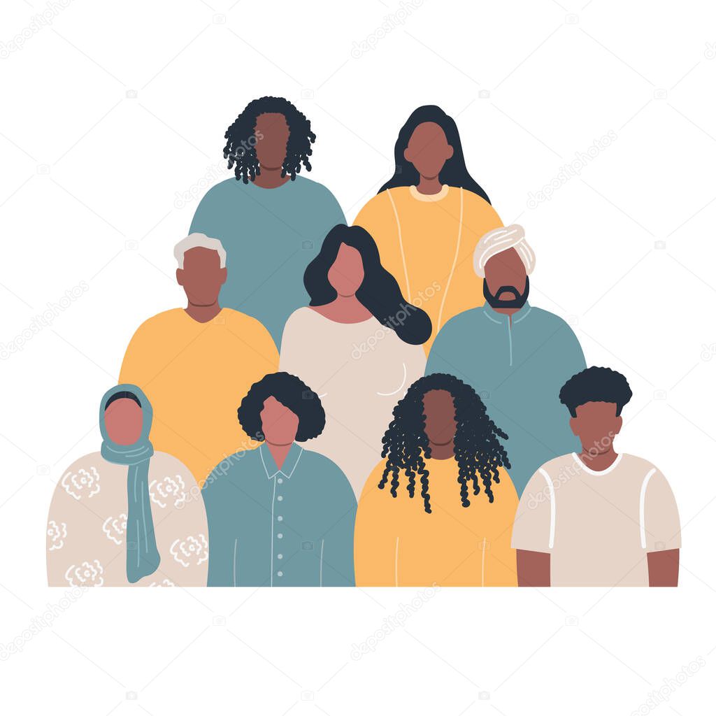 Diverse group of people. Crowd of people. Stronger together concept. Solidarity of different men and women. Different human silhouettes. Vector illustration