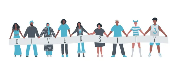Διαφορετική Ομάδα Ανθρώπων Στέκεται Μαζί Και Κρατά Μια Αφίσα Διαφορετικότητα — Διανυσματικό Αρχείο